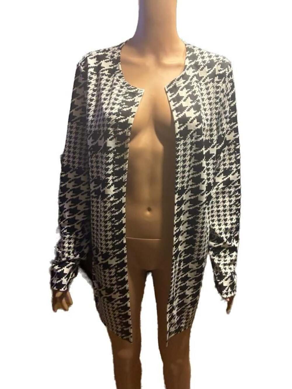 RANLEGE Black and White Houndstooth Pattern Open Front Long Sleeve Cardigan Jack